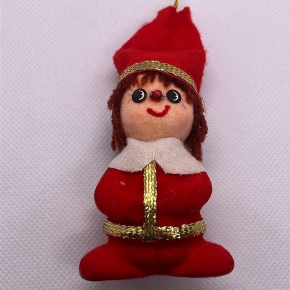 Vintage MCM Christmas Ornaments Flocked Felted Elf, Paper Mache Drummer Santa - Picture 1 of 16